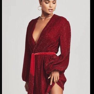 MOVING SALE Retrofeté Deep Red Sparkle Wrap Dress with Belt